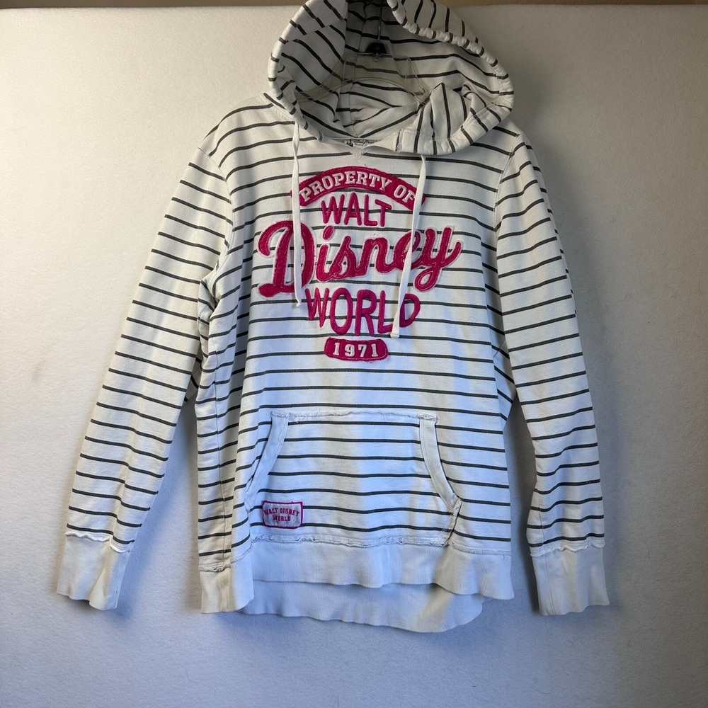 Disney Parks Disney World Hoodie XL White Gray Striped Pink Graphic Pullover